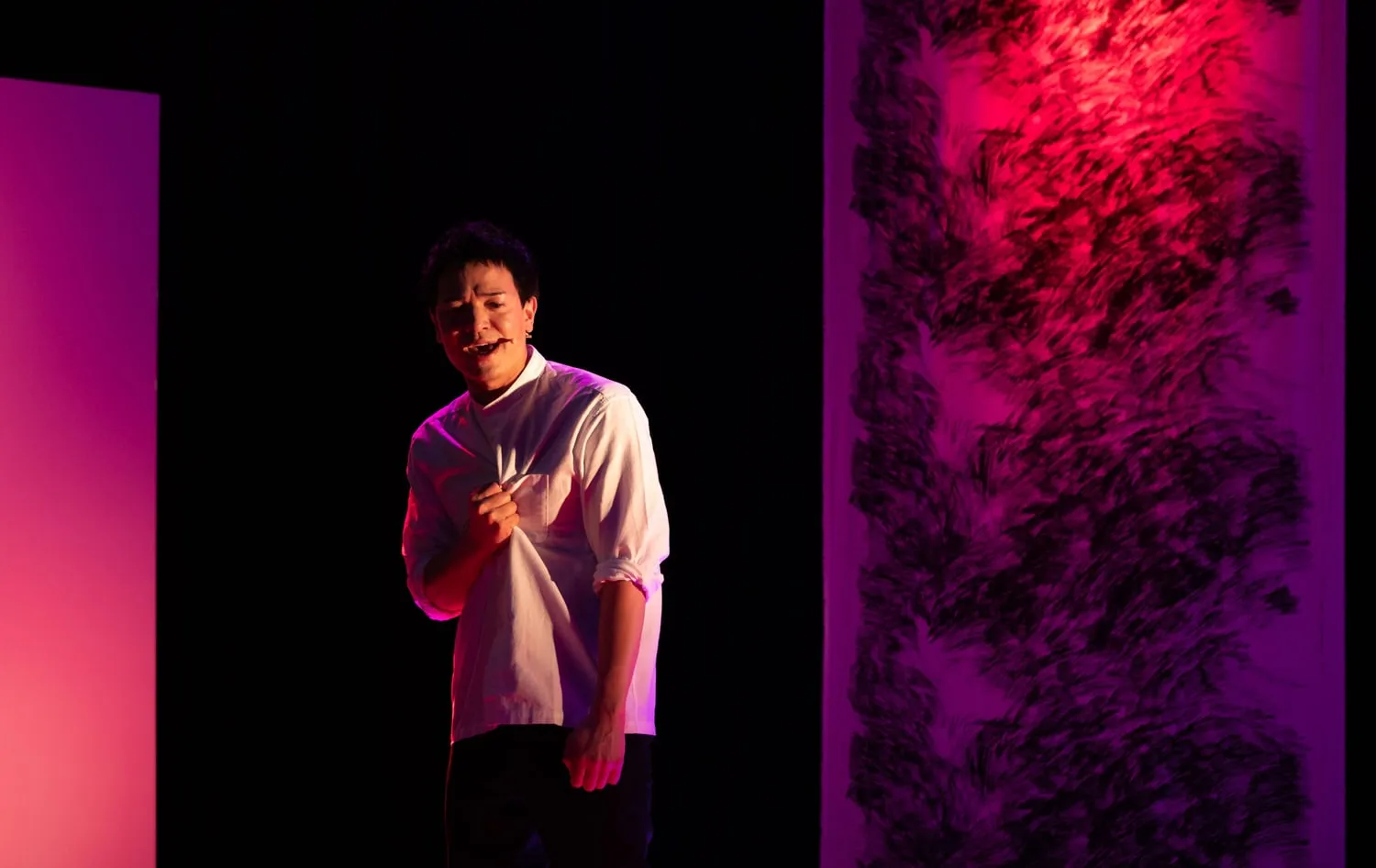 ミュージカル『未完夜半月歌』紅い光のなかで胸に手を当てて歌う出演者